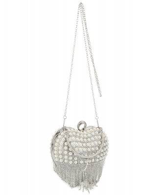 Rhinestone Faux Pearl Heart Shaped Crossbody Bag YS-5246 SILVER